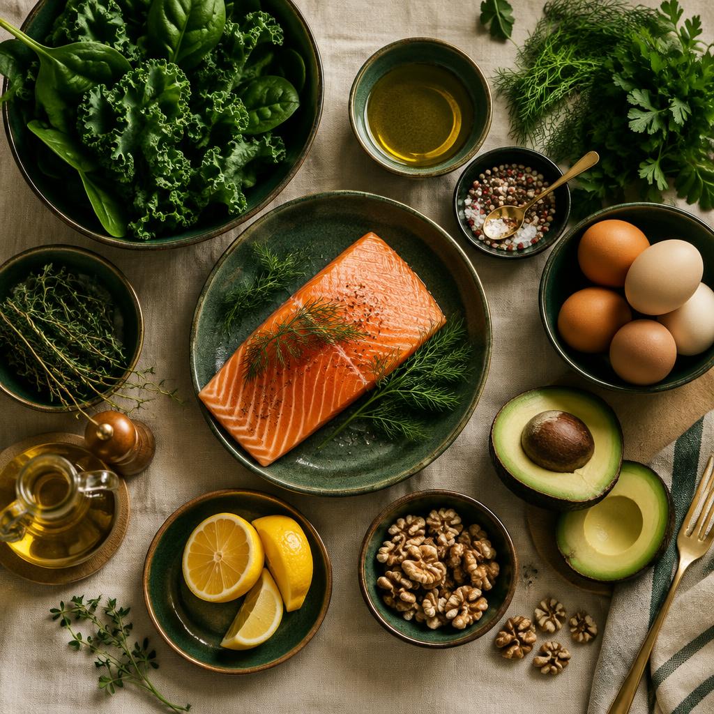 Alimentos reales: salmón, palta, huevos, verduras y nueces sobre un mantel de lino